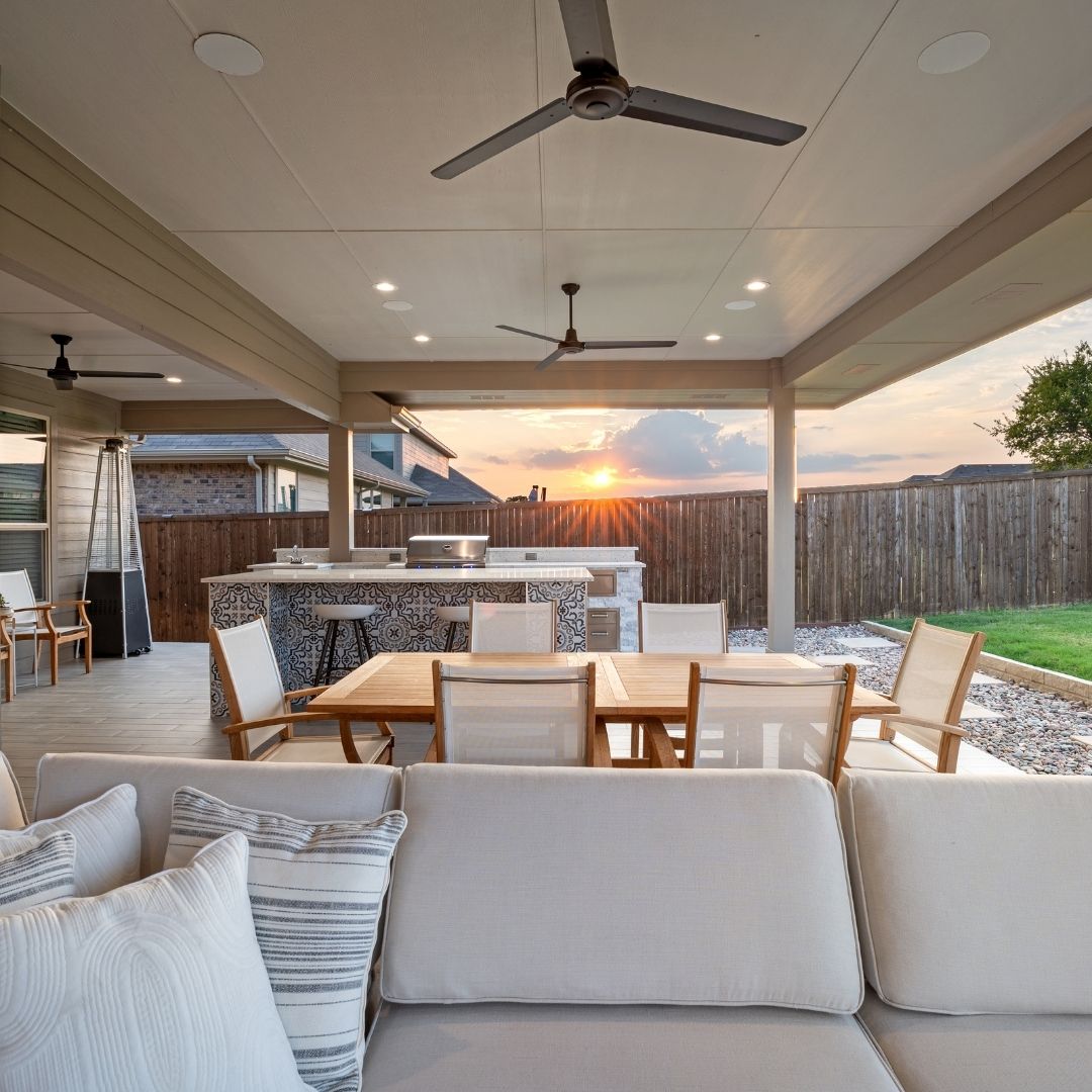 Outdoor patio with new furniture and amenities.