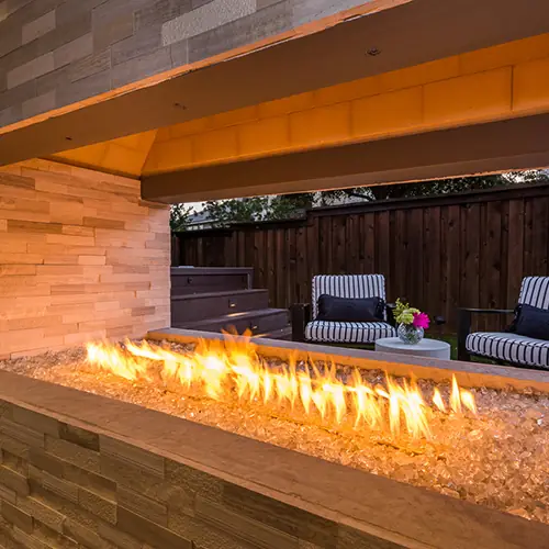 Outdoor fireplace and patio seating