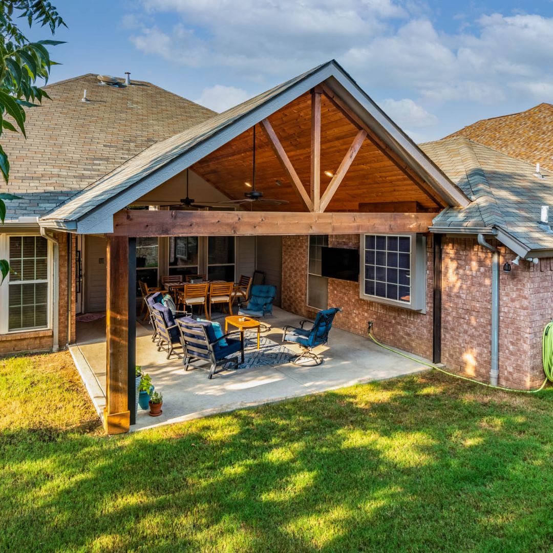 Vaulted gable patio cover in bright, sunny yard