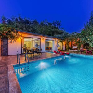 pool with seating area