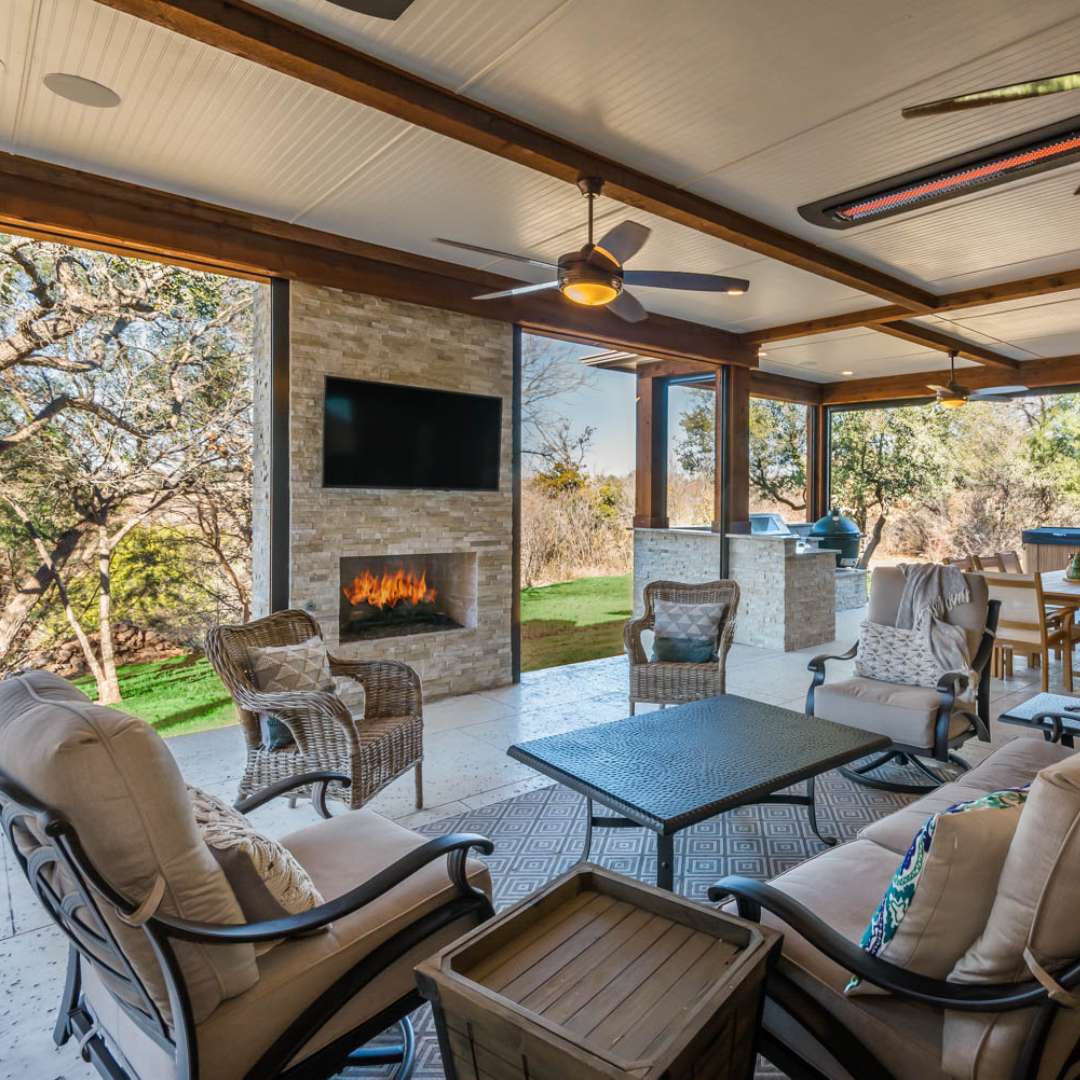 outdoor space with fireplace