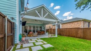 White wooden gable patio cover