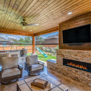 Backyard fireplace under TV