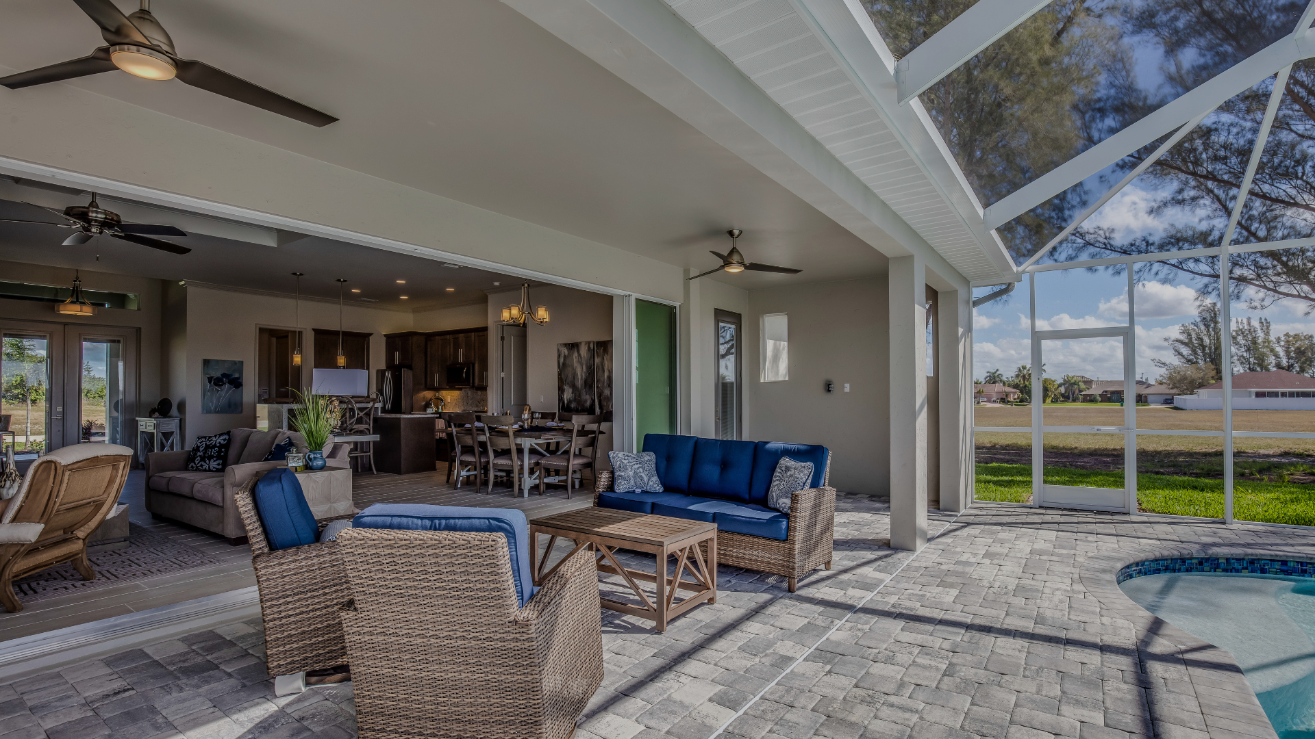 A nice outdoor kitchen space with a covered pool