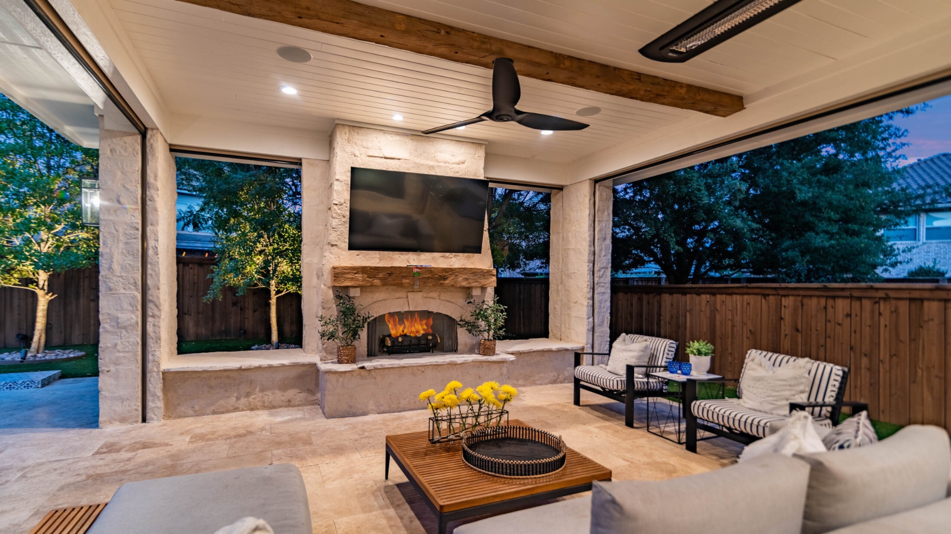 Backyard pergola and fireplace