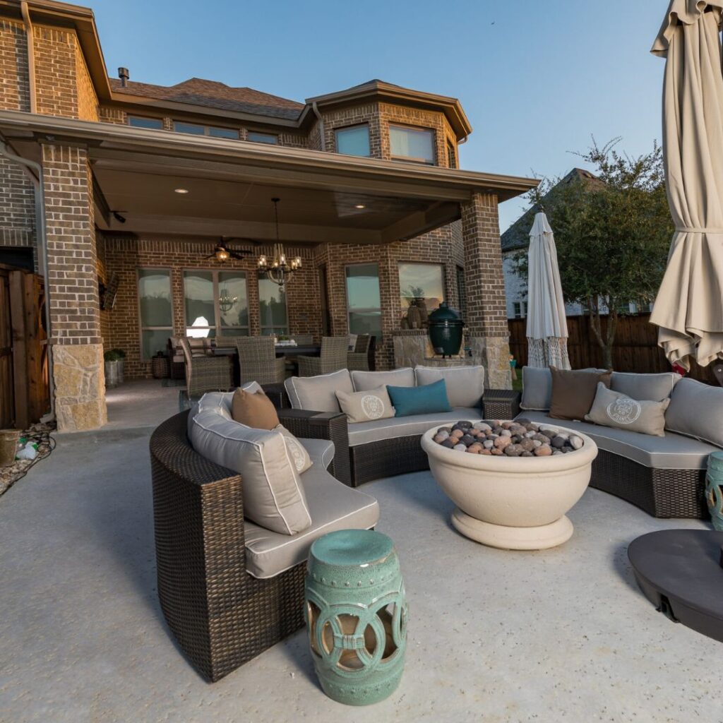 A patio with a firepit