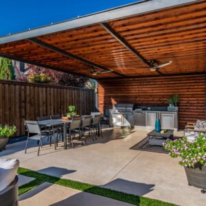 outdoor living space and kitchen