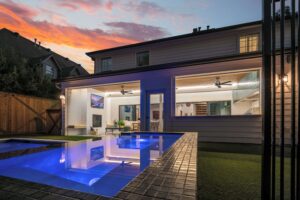 outdoor living area at sunset
