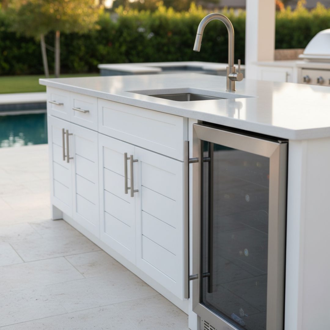 white outdoor kitchen cabinets